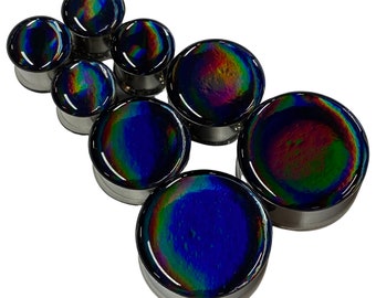 Embedded Black Chrome Color Shift Double Flare Resin Plugs (MTO-040) 00g, 1/2", 9/16", 5/8", 3/4", 7/8", 1", 28mm, 30mm, 32mm,35mm