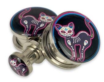 Day of the Dead Cat Style 2 Picture Plugs gauges - 12g, 10g, 8g, 6g, 4g, 2g, 0g, 00g, 1/2, 9/16, 5/8, 3/4, 7/8, 1 inch,28mm, 32mm, 35mm,38mm