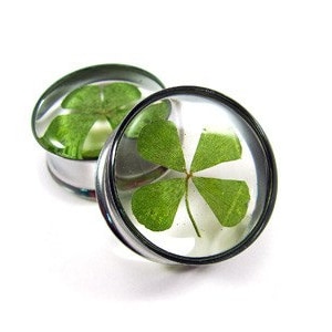 Real 4 Leaf Clover Embedded Plugs (EMB-003)  gauges - 5/8", 3/4", 7/8", 1 inch, 1 1/8", 1 1/4"