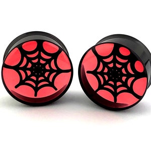 Pair of Black Embedded Spider Web in Red Resin Plugs (EMB-010) 3/4&quot;, 7/8&quot;, 1 inch, 28mm, 32mm, 35mm, 38mm, 42mm, 45mm, 47mm, 50mm