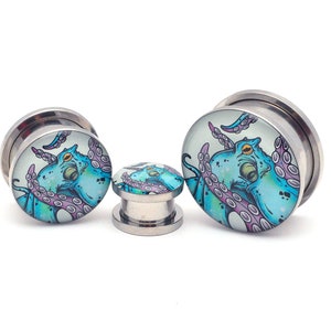 Octopus Style 2 Picture Plugs gauges - 16g, 14g, 12g, 10g, 8g, 6g, 4g, 2g, 0g, 00g, 1/2, 9/16, 5/8, 3/4, 7/8, 1 inch