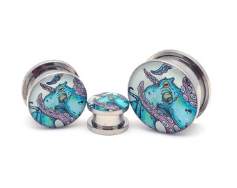 Octopus Style 2 Picture Plugs gauges - 16g, 14g, 12g, 10g, 8g, 6g, 4g, 2g, 0g, 00g, 1/2, 9/16, 5/8, 3/4, 7/8, 1 inch