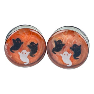 Pair of Ghosts over Orange Swirl Plugs MTO-046 3/4, 7/8, 1 inch, 28mm, 32mm, 35mm, 38mm, 42mm, 45mm, 47mm, 50mm image 3