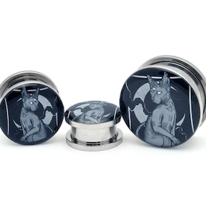 Occult Cat Picture Plugs gauges - 16g, 14g, 12g, 10g, 8g, 6g, 4g, 2g, 0g, 00g, 1/2, 9/16, 5/8, 3/4, 7/8, 1 inch