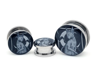 Occult Cat Picture Plugs gauges - 16g, 14g, 12g, 10g, 8g, 6g, 4g, 2g, 0g, 00g, 1/2, 9/16, 5/8, 3/4, 7/8, 1 inch