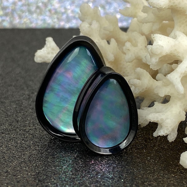Pair of Black Steel Teardrop Plugs with Grey Shell Inlay (PS-290) - 0g, 00g, 1/2, 9/16, 5/8, 3/4, 7/8, 1 inch