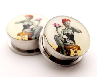 Screw On Plugs - Zombie Pinup Picture Plugs gauges - 16g, 14g, 12g, 10g, 8g, 6g, 4g, 2g, 0g, 00g, 1/2, 9/16, 5/8, 3/4, 7/8, 1 inch