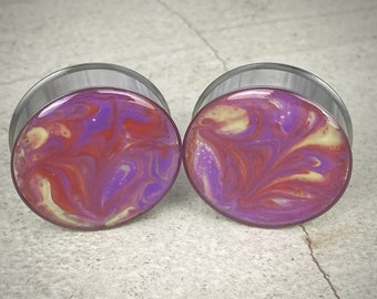 Pair of Tie Dye Red/Yellow/Purple Swirls Resin Plugs (RP-217) 5/8, 3/4, 7/8, 1 inch, 28mm, 32mm, 35mm, 38mm