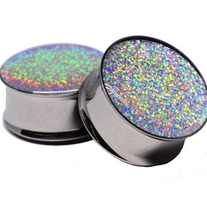 Embedded Silver Holographic Glitter Plugs gauges - 16g, 14g, 12g, 10g, 8g, 6g, 4g, 2g, 0g, 00g, 7/16, 1/2, 9/16, 5/8, 3/4, 7/8, 1 inch