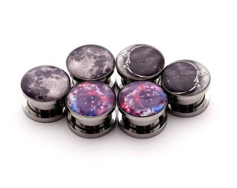 Set of 3 Steel Screw on Picture Plugs Set 1 (Full Moon, Moon Style 2, Galaxy) gauges - 6g, 4g, 2g, 0g, 00g, 1/2, 9/16, 5/8, 3/4, 7/8, 1 inch