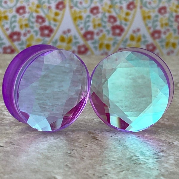 Purple Aurora Borealis Faceted Glass Double Flare Plugs (PG-596) gauges -  2g, 0g, 00g, 1/2", 9/16", 5/8", 3/4", 7/8", 1" .