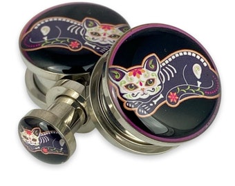 Day of the Dead Cat Style 4 Picture Plugs gauges - 12g, 10g, 8g, 6g, 4g, 2g, 0g, 00g, 1/2, 9/16, 5/8, 3/4, 7/8, 1 inch,28mm, 32mm, 35mm,38mm