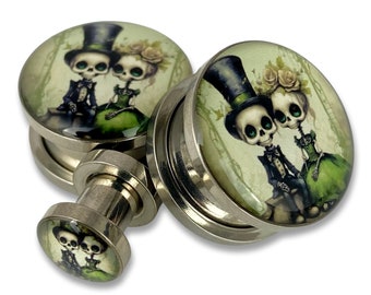 Victorian Skeleton Style 5 Picture Plugs gauges - 12g, 10g, 8g, 6g, 4g, 2g, 0g, 00g, 1/2, 9/16, 5/8, 3/4, 7/8, 1 inch,28mm, 32mm, 35mm, 38mm