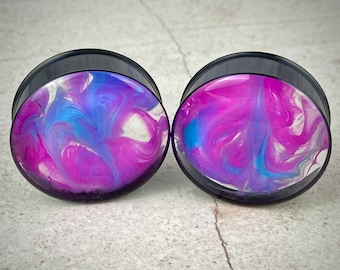 Pair of Black Steel Plugs with Embedded Blue and Pink Pearlescent Ink Swirls in Resin (RP-218) 5/8, 3/4, 7/8, 1 inch, 28mm, 32mm, 35mm, 38mm