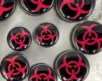 Handmade Black and Red Biohazard Picture Plugs – Surgical Steel Gauges