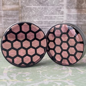 Pair of Embedded Acrylic Honeycomb Plugs in Pink Resin (RP-203) 3/4, 7/8, 1 inch, 28mm, 32mm, 35mm, 38mm, 42mm, 45mm, 47mm, 50mm