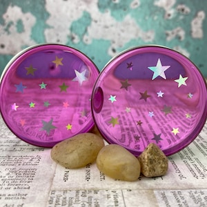 Pair of Pink Resin with Holographic Stars Plugs (MTO-050) 5/8, 3/4, 7/8, 1 inch, 28mm, 32mm, 35mm, 38mm, 42mm, 45mm, 47mm, 50mm
