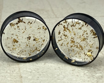 Black Steel Resin Plugs with Real Gold Flakes, Surgical Steel Tunnels
