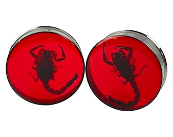 Pair of Embedded Scorpion Plugs in Scarlet Red Resin (MTO-044) 32mm, 35mm, 38mm, 42mm, 45mm, 47mm, 50mm