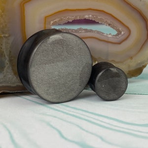 Convex Silver Obsidian Stone Double Flare Plugs (STN-748) - 2g, 0g, 00g, 1/2", 9/16", 5/8", 3/4", 7/8", 1".