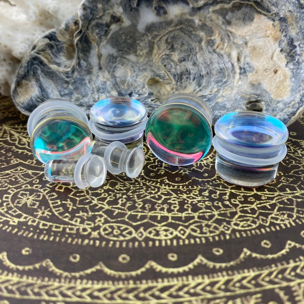 Aurora Borealis Single Flare Glass Plugs (PG-574) gauges - 6g, 4g, 2g, 0g, 00g, 7/16", 1/2", 9/16", 5/8".