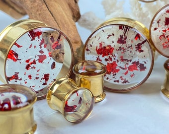 Pair of Gold Steel Resin Plugs with Embedded Red Metallic Flakes (MTO-043)00g,1/2",9/16",5/8,3/4",7/8",1",28mm,30mm,32mm,35mm,38mm,42mm,45mm