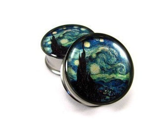 Starry Night Picture Plugs gauges - 16g, 14g, 12g, 10g, 8g, 6g, 4g, 2g, 0g, 00g, 7/16, 1/2, 9/16, 5/8, 3/4, 7/8, 1 inch