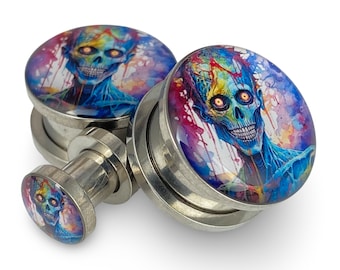 Zombie Style 3 Picture Plugs gauges - 12g, 10g, 8g, 6g, 4g, 2g, 0g, 00g, 1/2, 9/16, 5/8, 3/4, 7/8, 1 inch,28mm, 32mm, 35mm, 38mm