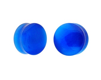 Blue Cat Eye Stone Double Flare Plugs (STN-665) -  2g, 0g, 00g, 1/2", 9/16", 5/8", 3/4", 7/8", 1 inch.