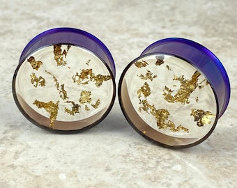 Purple Steel Plugs with Real Gold Flakes, Surgical Steel Tunnels
