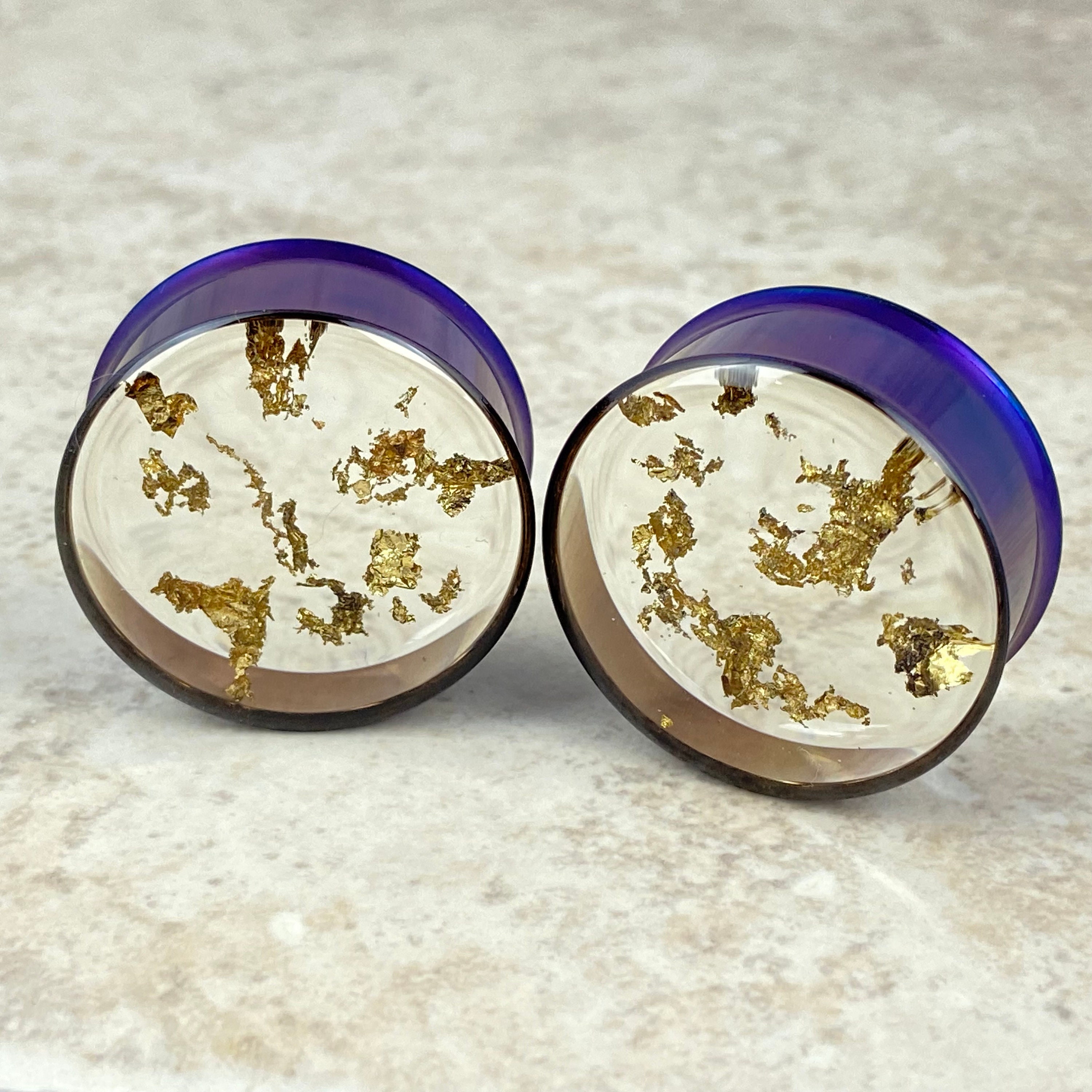 Gold Steel Resin Plugs with Real Embedded Gold Flakes