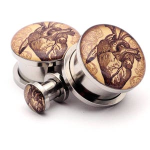 Vintage Heart Picture Plugs gauges 16g, 14g, 12g, 10g, 8g, 6g, 4g, 2g, 0g, 00g, 7/16, 1/2, 9/16, 5/8, 3/4, 7/8, 1 inch image 1