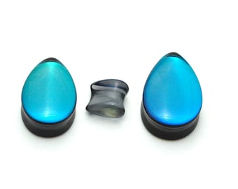 Black Iridescent Glass Teardrop Double Flare Plugs (PG-584) gauges - 2g, 0g, 00g, 7/16", 1/2", 9/16", 5/8", 3/4", 7/8", 1 inch.