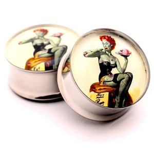 Zombie Pinup Girl Picture Plugs gauges - 16g, 14g, 12g, 10g, 8g, 6g, 4g, 2g, 0g, 00g, 7/16, 1/2, 9/16, 5/8, 3/4, 7/8, 1 inch