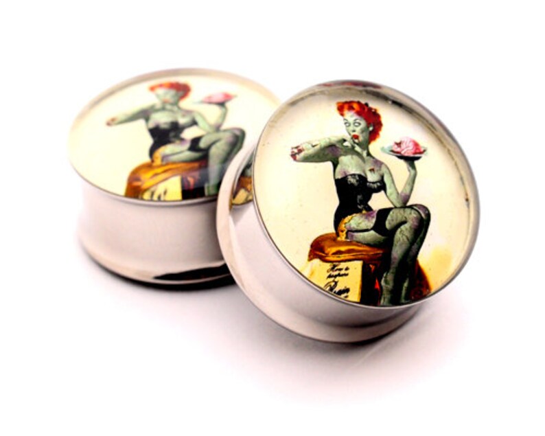 Zombie Pinup Girl Picture Plugs gauges 16g, 14g, 12g, 10g, 8g, 6g, 4g, 2g, 0g, 00g, 7/16, 1/2, 9/16, 5/8, 3/4, 7/8, 1 inch image 1
