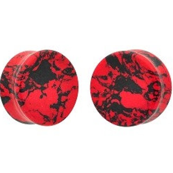 Synthetic Red and Black Howlite Double Flare Plugs (STN-656) -  2g, 0g, 00g, 1/2, 9/16, 5/8, 11/16, 3/4, 7/8, 26mm, 1-1/8", 30mm