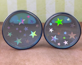 Pair of Blue Resin with Holographic Stars Plugs (EMB-013) 5/8", 3/4", 7/8", 1", 16mm, 19mm, 22mm, 25mm, 28mm, 32mm, 35mm, 38mm, 42mm, 45mm