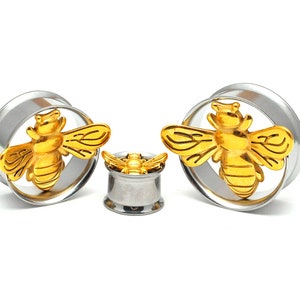 316L Stainless Steel Tunnels with Gold Steel Bee (PS-278) - 2g, 0g, 00g, 1/2", 9/16", 5/8", 3/4", 7/8", 1".