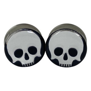 Chrome Skull Double Flare Plugs, Resin Body Jewelry