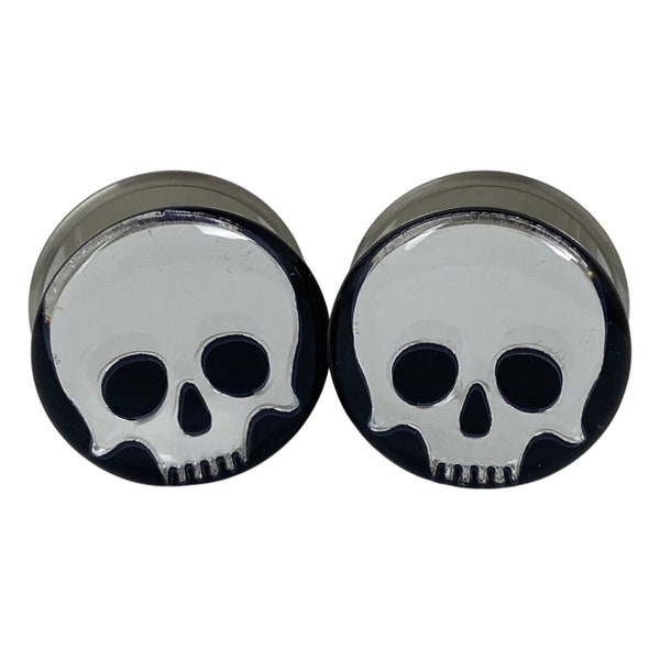 Chrome Skull Double Flare Plugs, Resin Body Jewelry