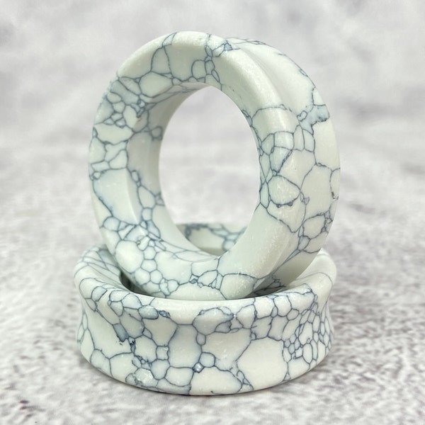 Large Gauge Pair of White Howlite Stone Double Flare Concave Tunnels (STN-683) - 28mm, 32mm, 35mm, 38mm