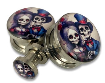 Victorian Skeleton Style 8 Picture Plugs gauges - 12g, 10g, 8g, 6g, 4g, 2g, 0g, 00g, 1/2, 9/16, 5/8, 3/4, 7/8, 1 inch,28mm, 32mm, 35mm, 38mm