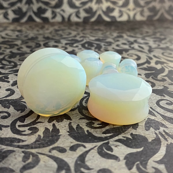 Faceted Opalite Stone Double Flare Plugs (STN-708) -  2g, 0g, 00g, 7/16, 1/2, 9/16, 5/8, 3/4, 7/8, 1 inch