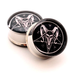 Baphomet Pentagram Picture Plugs STYLE 2 gauges - 16g, 14g, 12g, 10g, 8g, 6g, 4g, 2g, 0g, 00g, 7/16, 1/2, 9/16, 5/8, 3/4, 7/8, 1 inch