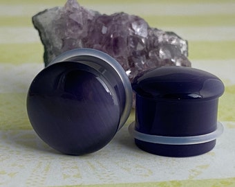 Violet Cat Eye Stone Single Flare Plugs (STN-722) - 6g, 4g,  2g, 0g, 00g, 1/2", 9/16", 5/8".