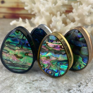Pair of Steel Double Flare Teardrop Tunnels With Abalone Inlay (PS-282) gauges - 1/2", 9/16", 5/8", 3/4", 7/8", 1", 1 1-8", 30mm.