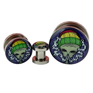 Stoned Alien Picture Plugs (MTO-033) gauges - 16g, 14g, 12g, 10g, 8g, 6g, 4g, 2g, 0g, 00g, 1/2, 9/16, 5/8, 3/4, 7/8, 1 inch