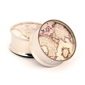 Antique Map Picture Plugs gauges 16g, 14g, 12g, 10g, 8g, 6g, 4g, 2g, 0g, 00g, 7/16, 1/2, 9/16, 5/8, 3/4, 7/8, 1 inch STYLE 2 image 1