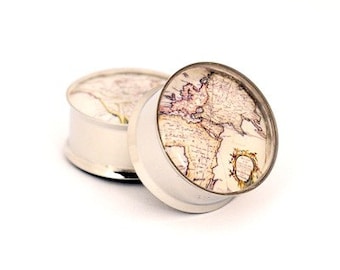 Antique Map Picture Plugs gauges - 16g, 14g, 12g, 10g, 8g, 6g, 4g, 2g, 0g, 00g, 7/16, 1/2, 9/16, 5/8, 3/4, 7/8, 1 inch STYLE 2