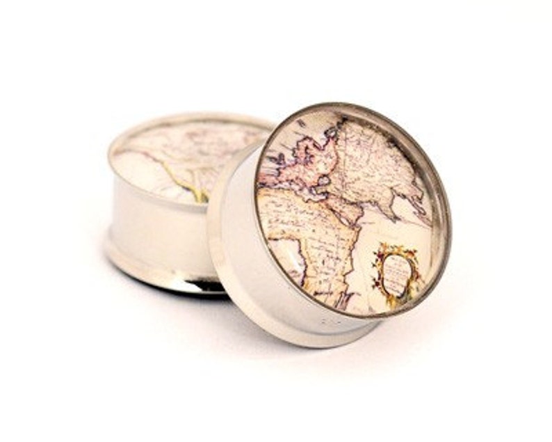 Antique Map Picture Plugs gauges 16g, 14g, 12g, 10g, 8g, 6g, 4g, 2g, 0g, 00g, 7/16, 1/2, 9/16, 5/8, 3/4, 7/8, 1 inch STYLE 2 image 1